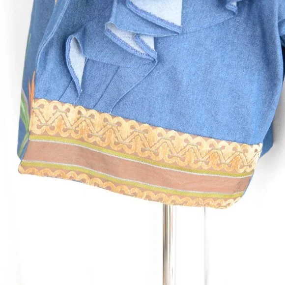Handmade One of a Kind Denim Asymmetric Handpainted Ruffle Jacket Sz S-L - Picture 5 of 6